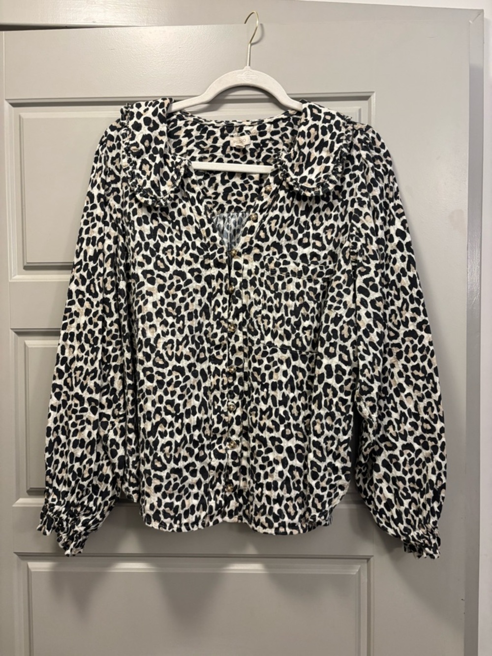 Anthropologie Black and White Leopard Print Button-Up Blouse